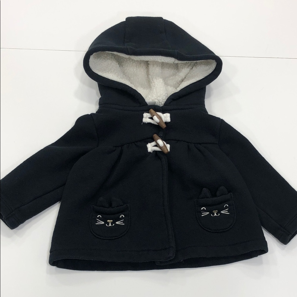 Carter’s Black Sweater Jacket w/ Cat Face Pockets & Sherpa-Lined Hood | 9M